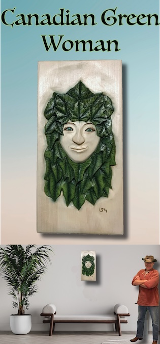 Green man, spirit face, wood carving, garden art